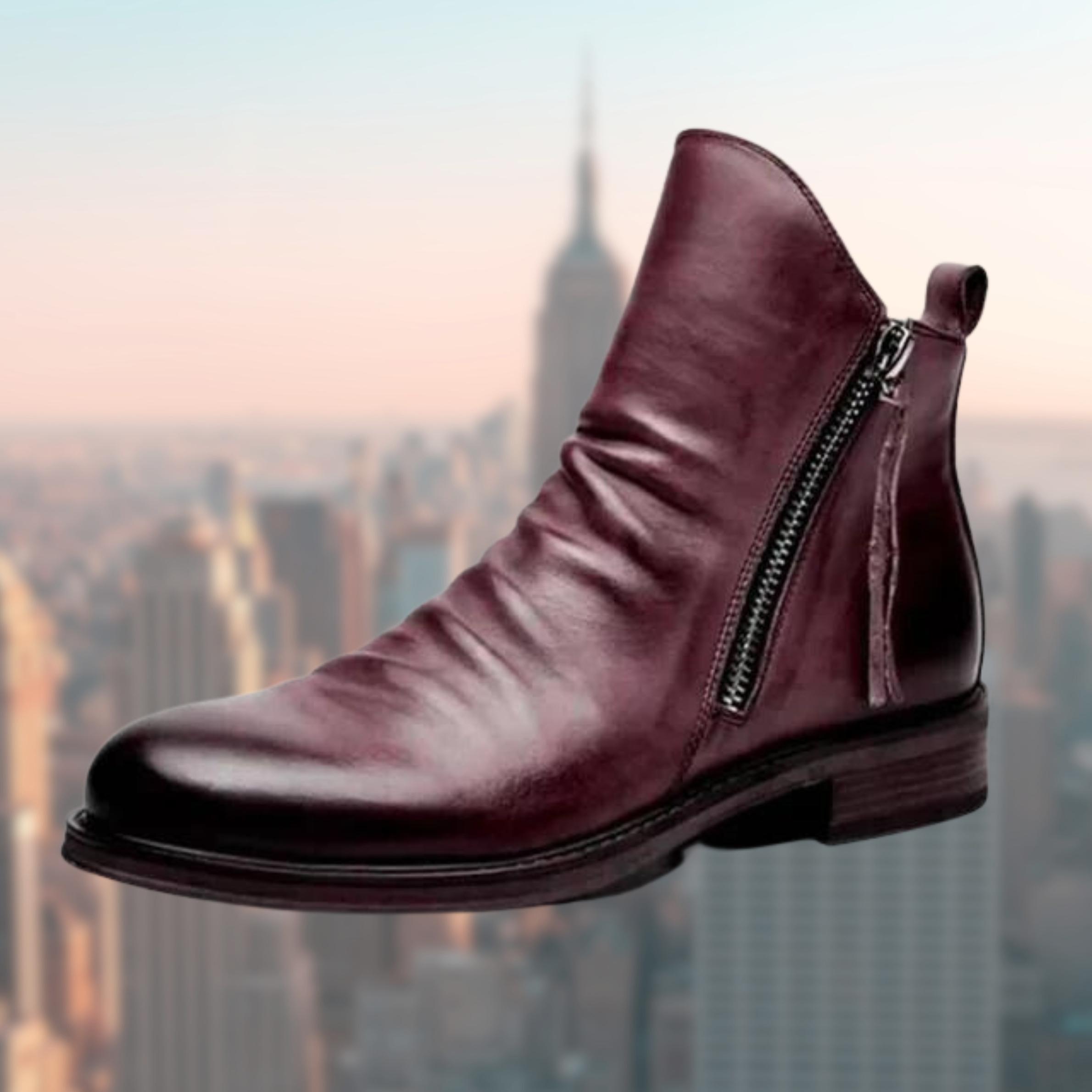 Bottine en cuir marron avec fermeture éclair, style moderne, devant un paysage urbain flou. Chaussure élégante pour mode urbaine et tendance.