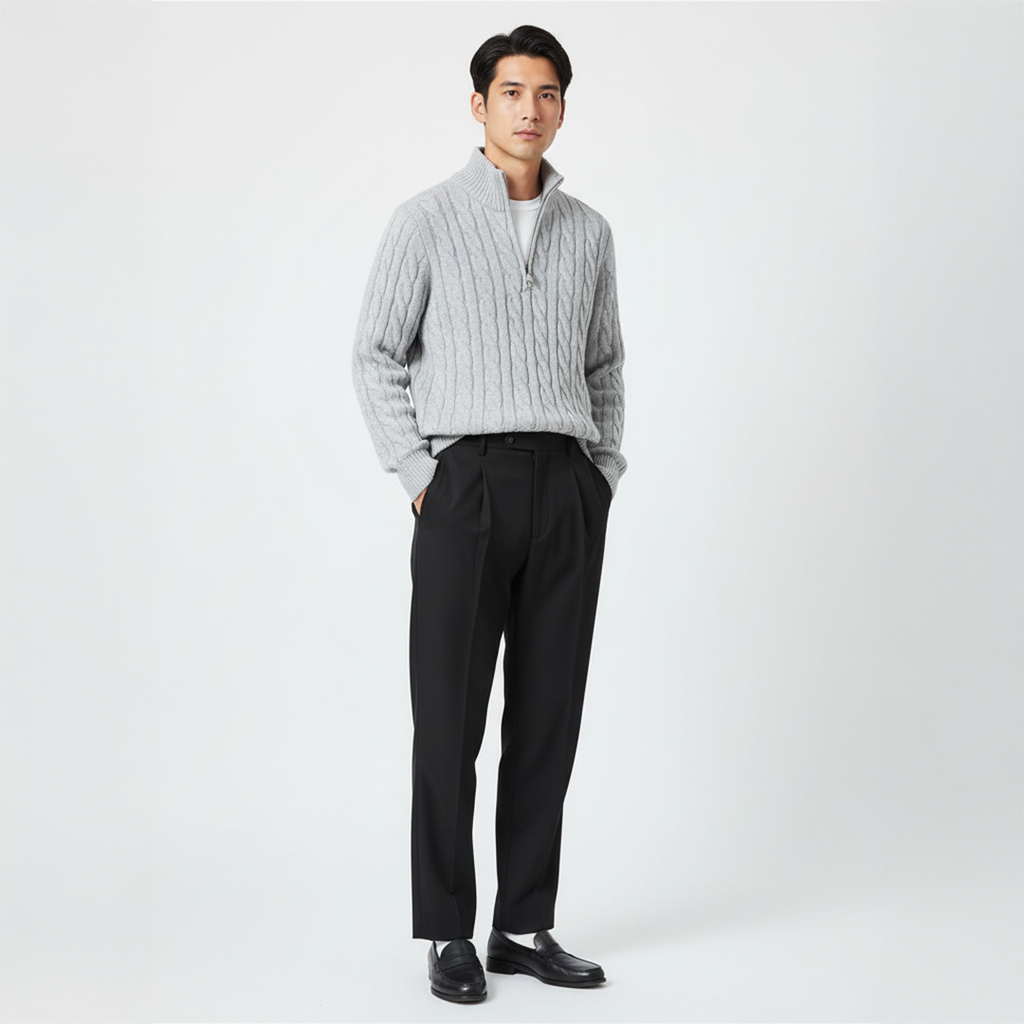 Homme portant un pull gris à col zippé et un pantalon noir, posant debout sur fond blanc. Mode masculine élégante et moderne.