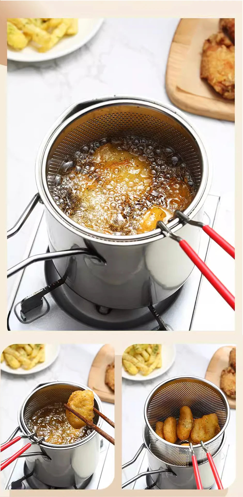 Friteuse en acier inoxydable avec panier, frites et poulet frit, huile bouillante, cuisine maison, ustensile de cuisine, cuisson à l'huile.