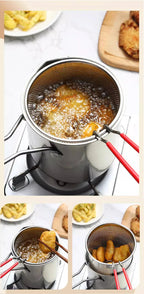Friteuse en acier inoxydable avec panier, frites et poulet frit, huile bouillante, cuisine maison, ustensile de cuisine, cuisson à l'huile.