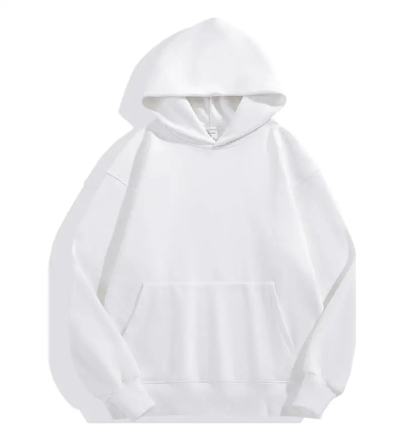 Sweat à capuche blanc unisexe, design minimaliste, poche kangourou, manches longues, idéal pour mode décontractée et streetwear tendance.