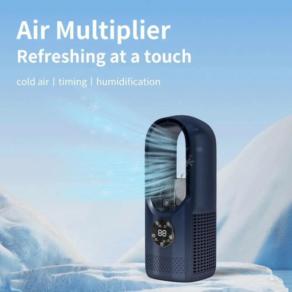 Ventilateur sans pales noir avec affichage numérique, fonction de refroidissement, minuterie et humidification, sur fond de glace.