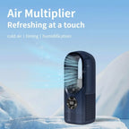 Ventilateur sans pales noir avec affichage numérique, fonction de refroidissement, minuterie et humidification, sur fond de glace.