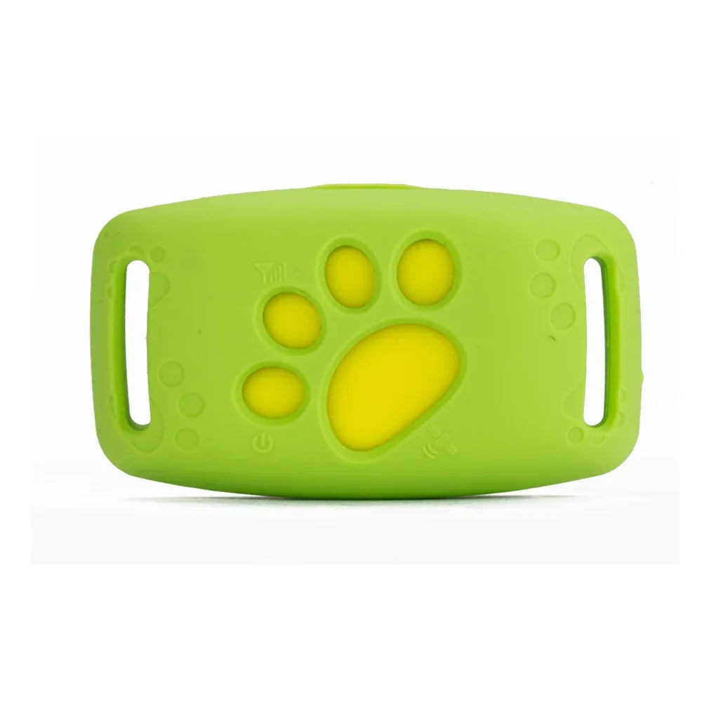 Traceur GPS pour animaux de compagnie vert avec motif patte, dispositif de localisation sans fil, sécurité pour chiens et chats, technologie avancée.