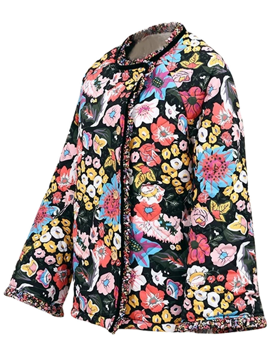Veste matelassée femme à motifs floraux colorés, manches longues, col rond, style bohème chic, idéale pour l'automne et l'hiver.
