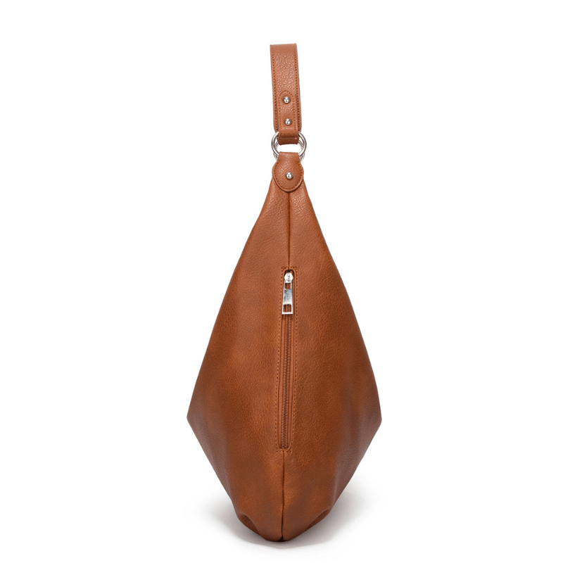 Sac à main en cuir marron avec fermeture éclair, design moderne et élégant, idéal pour la mode féminine. Accessoire tendance et pratique.