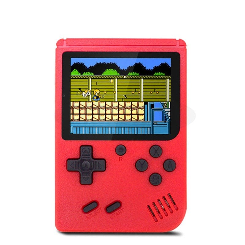 Console de jeu rétro rouge avec écran affichant un jeu pixelisé. Boutons noirs, design portable. Idéal pour les amateurs de jeux vidéo classiques.