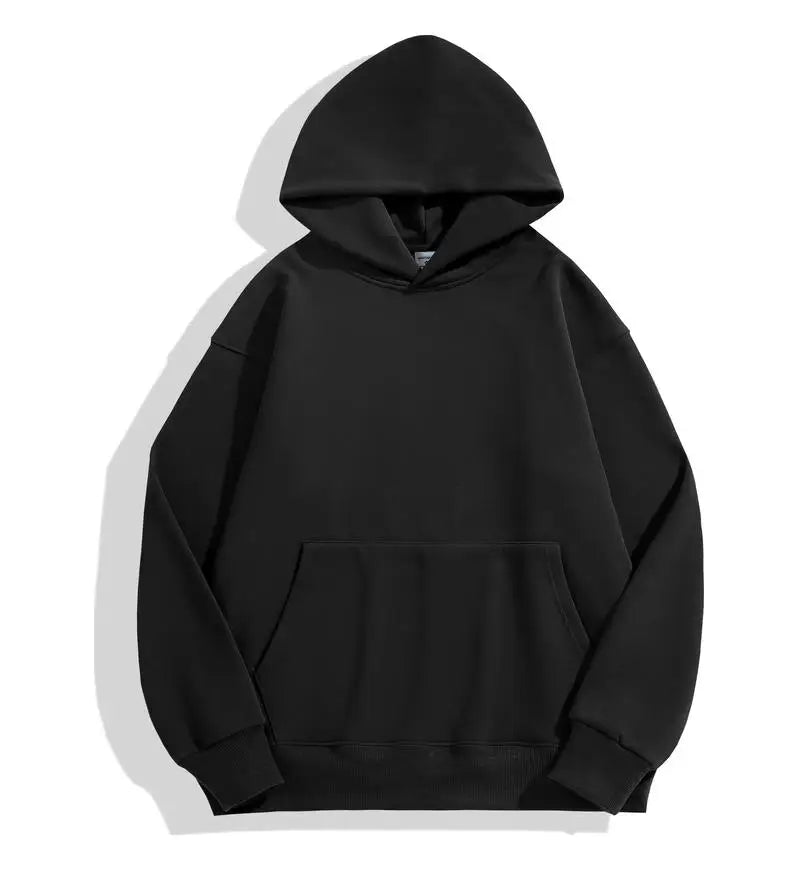 Sweat à capuche noir unisexe, design minimaliste, poche kangourou, manches longues, idéal pour mode décontractée et streetwear tendance.
