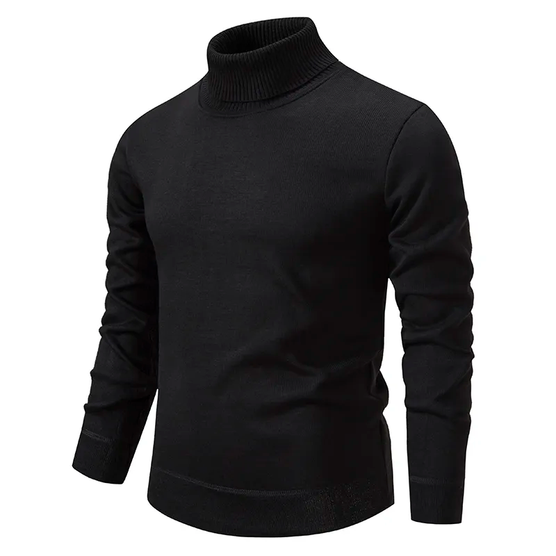 Pull col roulé noir pour homme, manches longues, design élégant et moderne, idéal pour l'hiver et la mode masculine.
