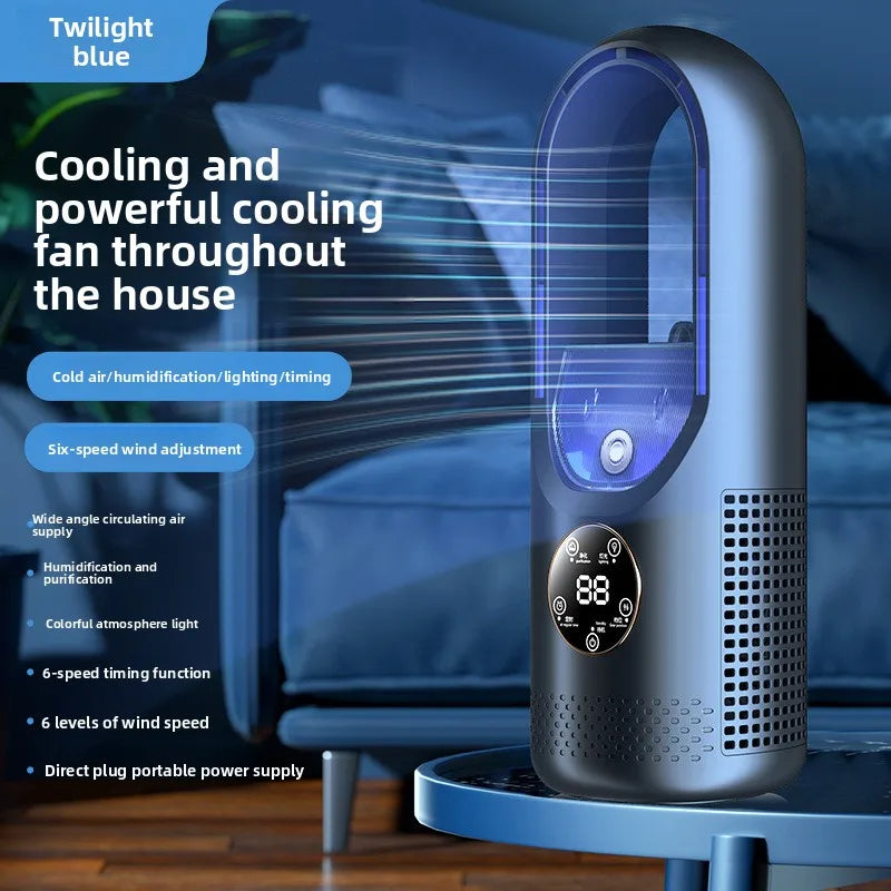 Ventilateur sans pales bleu crépuscule, affichage numérique, réglage à six vitesses, fonction humidification, lumière d'ambiance, design moderne.