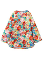 Veste matelassée colorée à motifs floraux, manches longues, fond jaune, fleurs rouges et roses, style bohème, mode femme tendance.