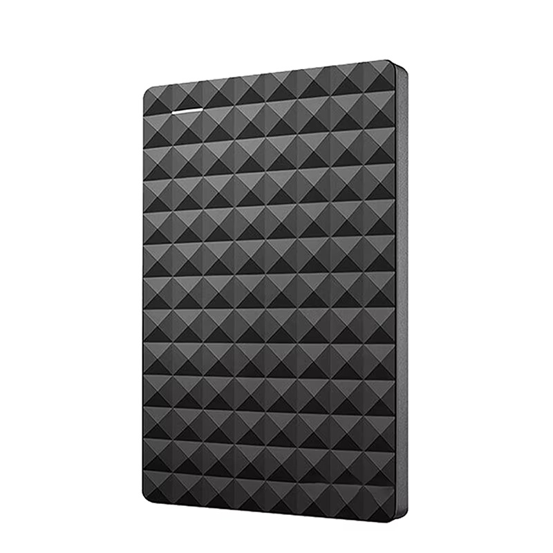 Disque dur externe noir, design géométrique, portable, stockage de données, USB, haute capacité, accessoire informatique, sauvegarde sécurisée.