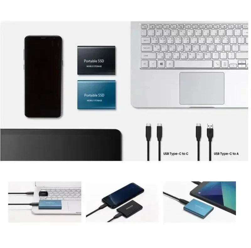 Ordinateur portable et smartphone connectés à des SSD portables via câbles USB Type-C, illustrant la compatibilité et la connectivité rapide.