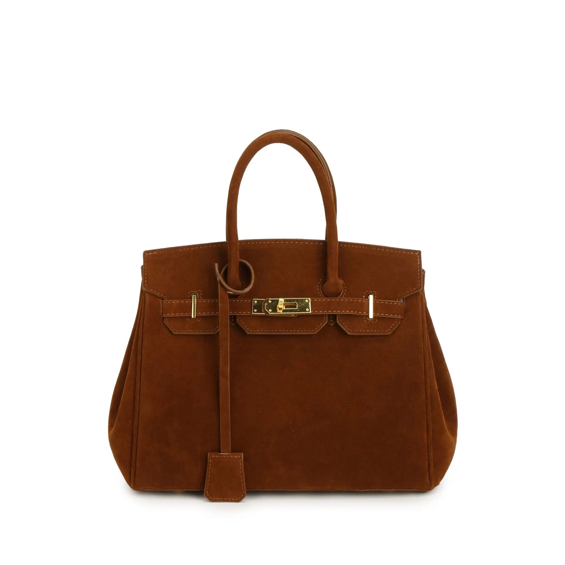 Sac Birkin en daim marron avec poignées doubles et fermoir doré, design élégant et luxueux, accessoire de mode iconique pour femmes.