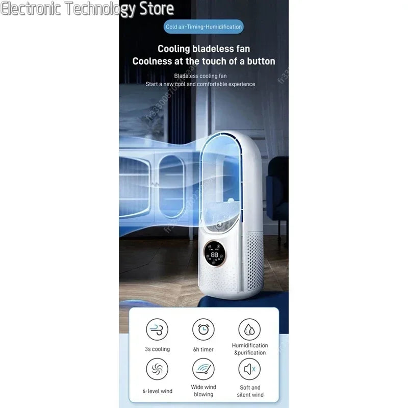 Ventilateur sans pales blanc avec écran numérique, offrant refroidissement rapide, humidification, et six niveaux de ventilation pour confort optimal.