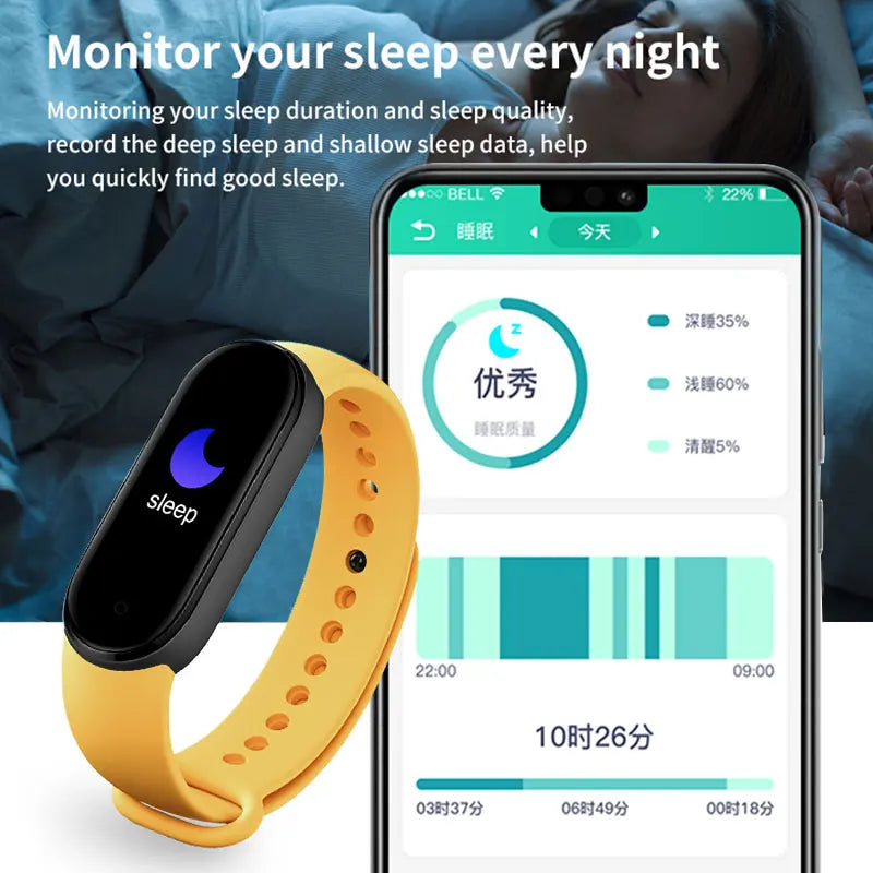 Bracelet connecté jaune avec écran affichant des données de sommeil, synchronisé avec une application mobile sur smartphone, suivi du sommeil profond et léger.