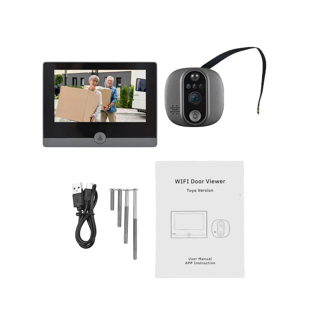 Visiophone WiFi avec écran, caméra, câble USB, vis et manuel. Système de sécurité maison, surveillance vidéo, installation facile.