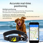 Collier GPS pour chien avec positionnement précis en temps réel, technologie de vibration continue, affiché avec smartphone et carte de localisation.