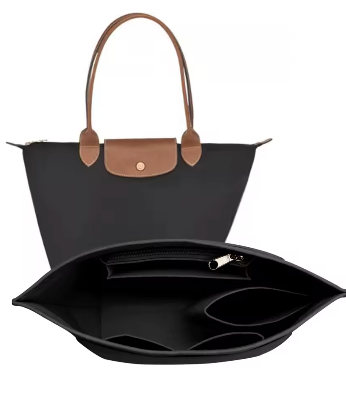 Sac à main noir élégant avec poignées marron, compartiments intérieurs spacieux, fermeture éclair, design moderne. Accessoire mode femme tendance.