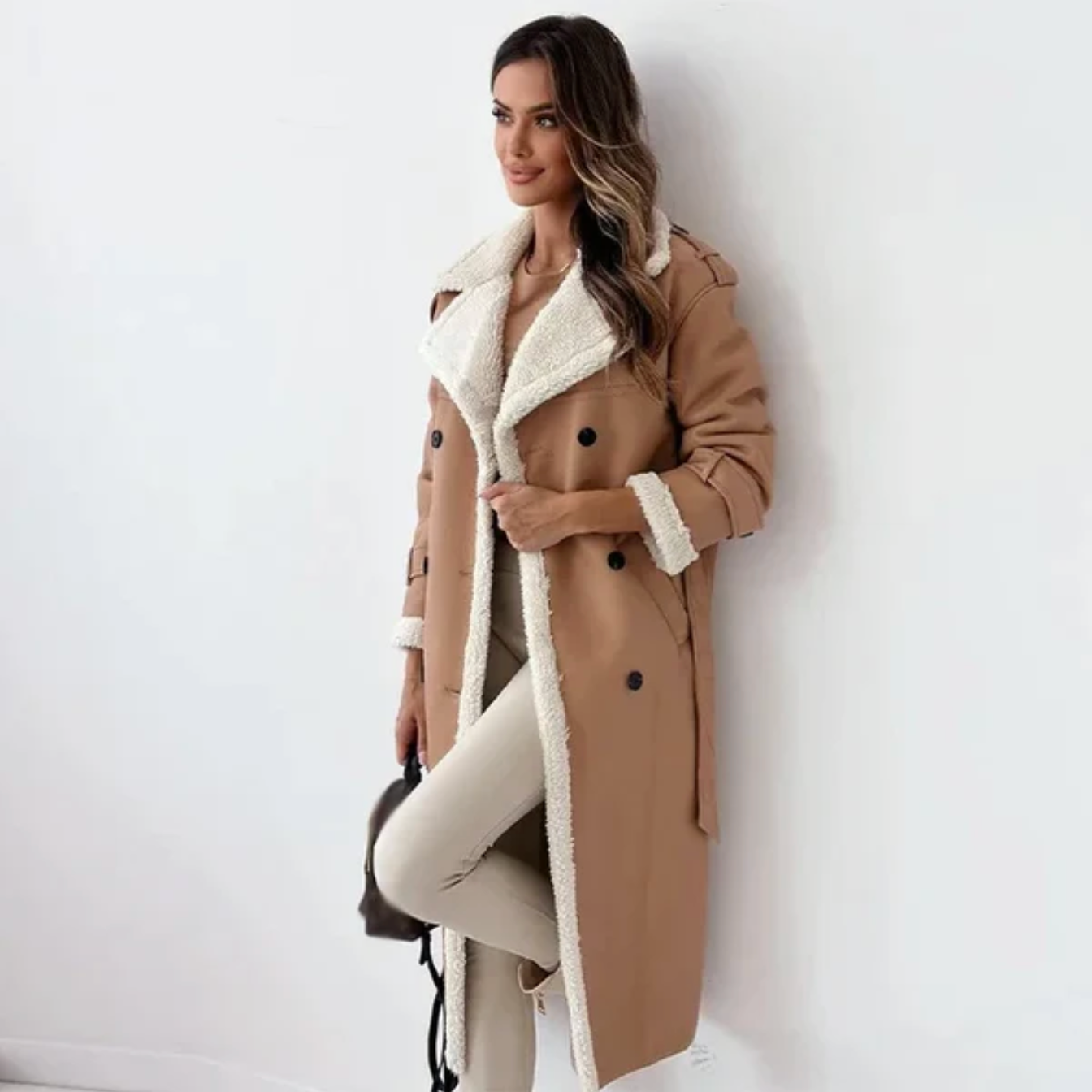 Femme portant un manteau long camel avec doublure en fourrure blanche, posant contre un mur blanc. Mode hiver élégante, tendance manteau femme.
