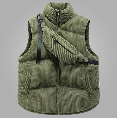 Gilet matelassé vert en velours côtelé avec sac banane assorti, fermeture éclair dorée, style décontracté, mode automne-hiver, vêtements tendance.