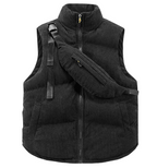 Gilet sans manches noir en velours côtelé avec sac banane assorti, fermeture éclair, col montant. Mode automne-hiver, vêtements tendance.