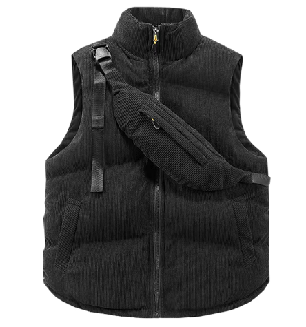 Gilet sans manches noir en velours côtelé avec sac banane assorti, fermeture éclair, col montant. Mode automne-hiver, vêtements tendance.