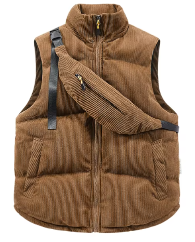 Gilet sans manches en velours côtelé marron avec sac banane assorti, fermeture éclair dorée, poches latérales. Mode automne-hiver tendance.