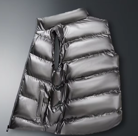 Doudoune sans manches noire en duvet, design matelassé, fermeture éclair latérale, idéale pour l'hiver et les activités de plein air.