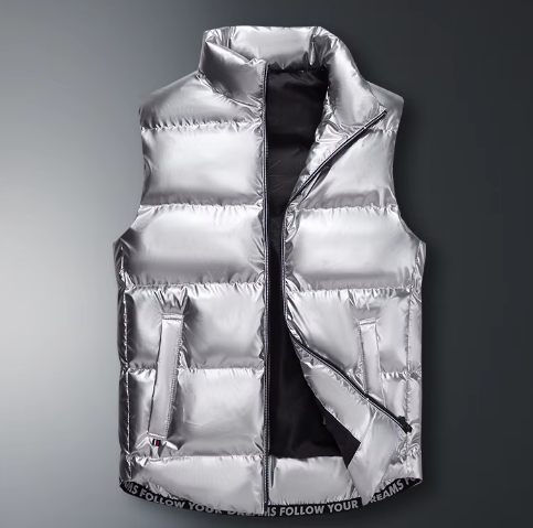 Gilet sans manches argenté en duvet, design matelassé, fermeture éclair, col montant, style moderne et tendance, idéal pour l'hiver.