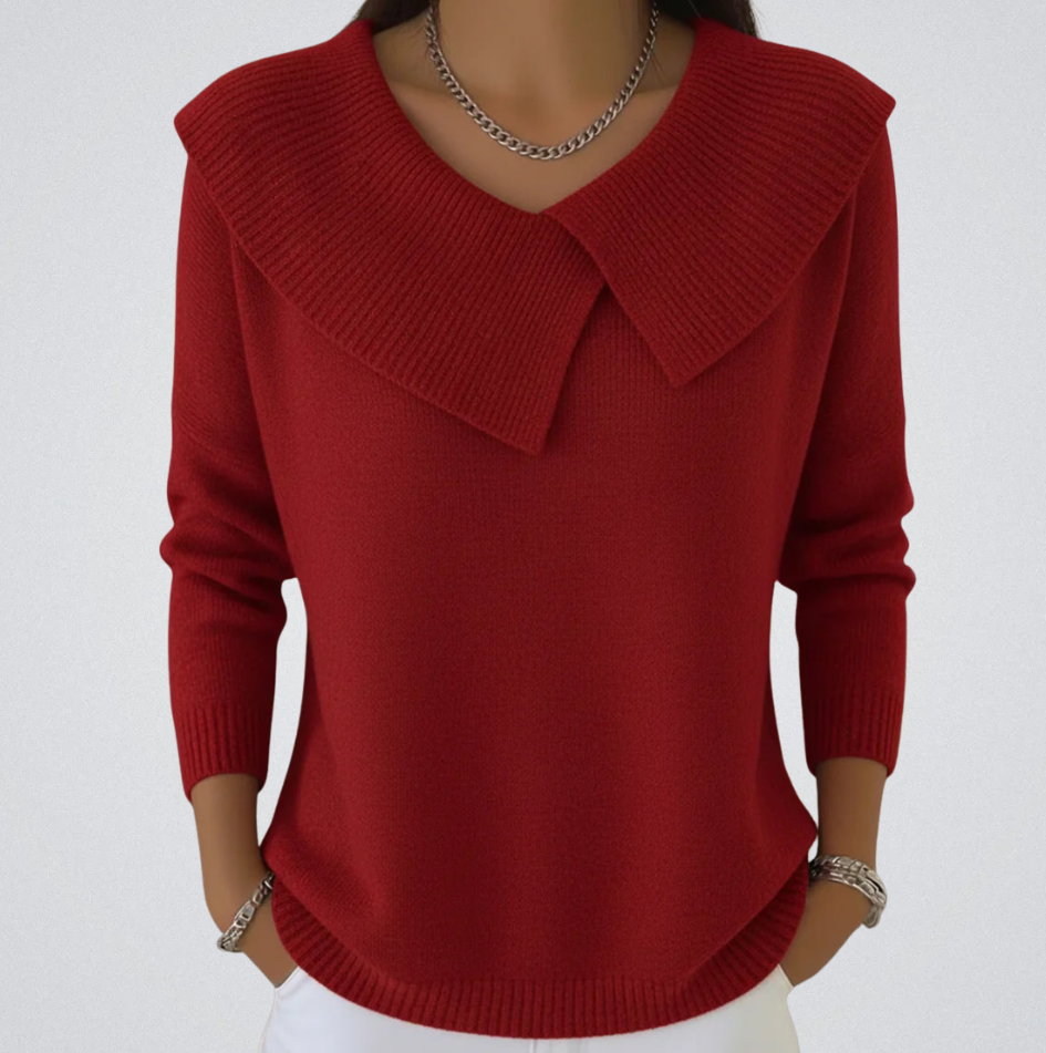 Pull rouge élégant avec col large, manches longues, porté par une personne. Mode automne, style chic, tendance féminine, fond blanc.