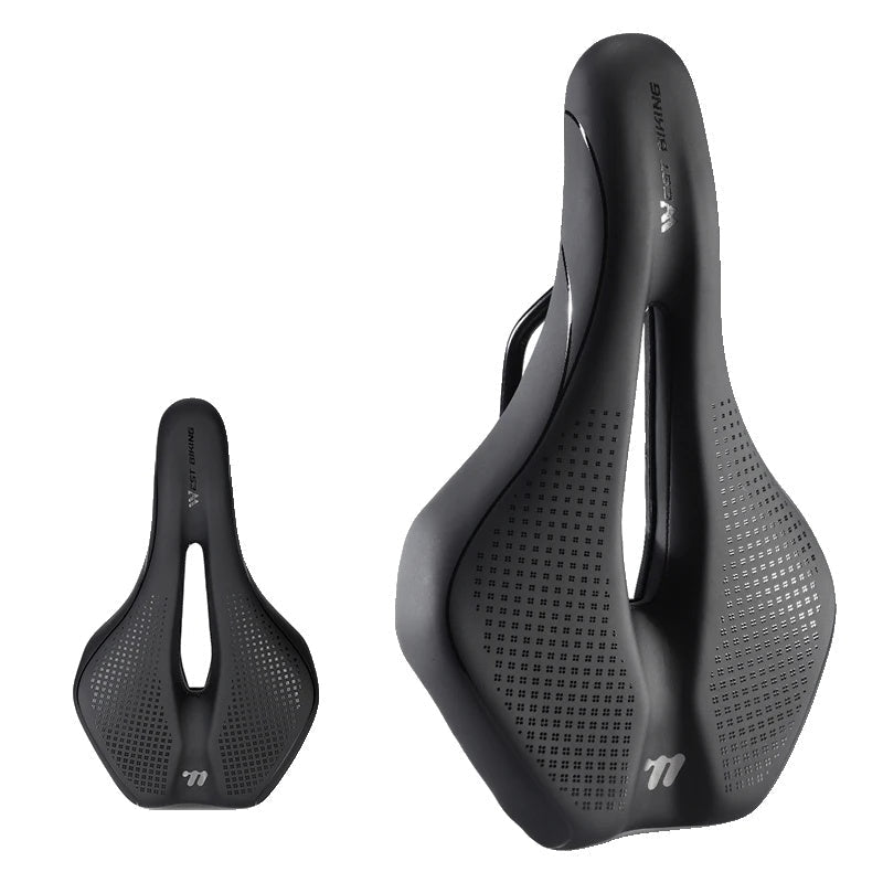 Selle de vélo ergonomique noire avec design ajouré, idéale pour le cyclisme de route et VTT. Confort optimal et performance améliorée.