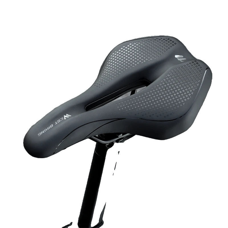 Selle de vélo ergonomique noire avec design ajouré, idéale pour le cyclisme, confort optimal, marque Yest Biking, sur tige de selle.