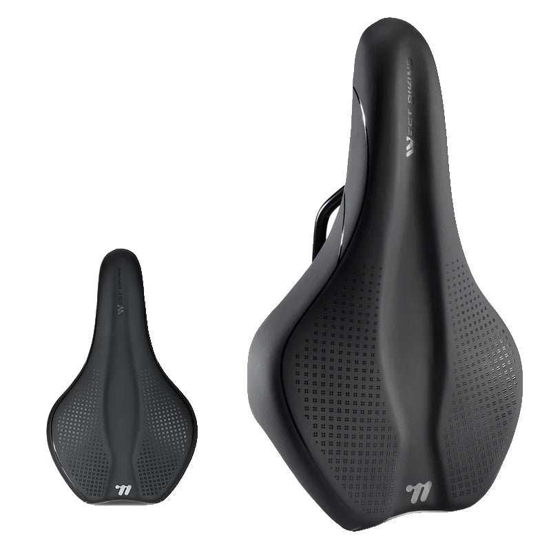 Selle de vélo ergonomique noire, design aérodynamique, perforations pour ventilation, idéale pour cyclisme sur route et VTT. Confort et performance.
