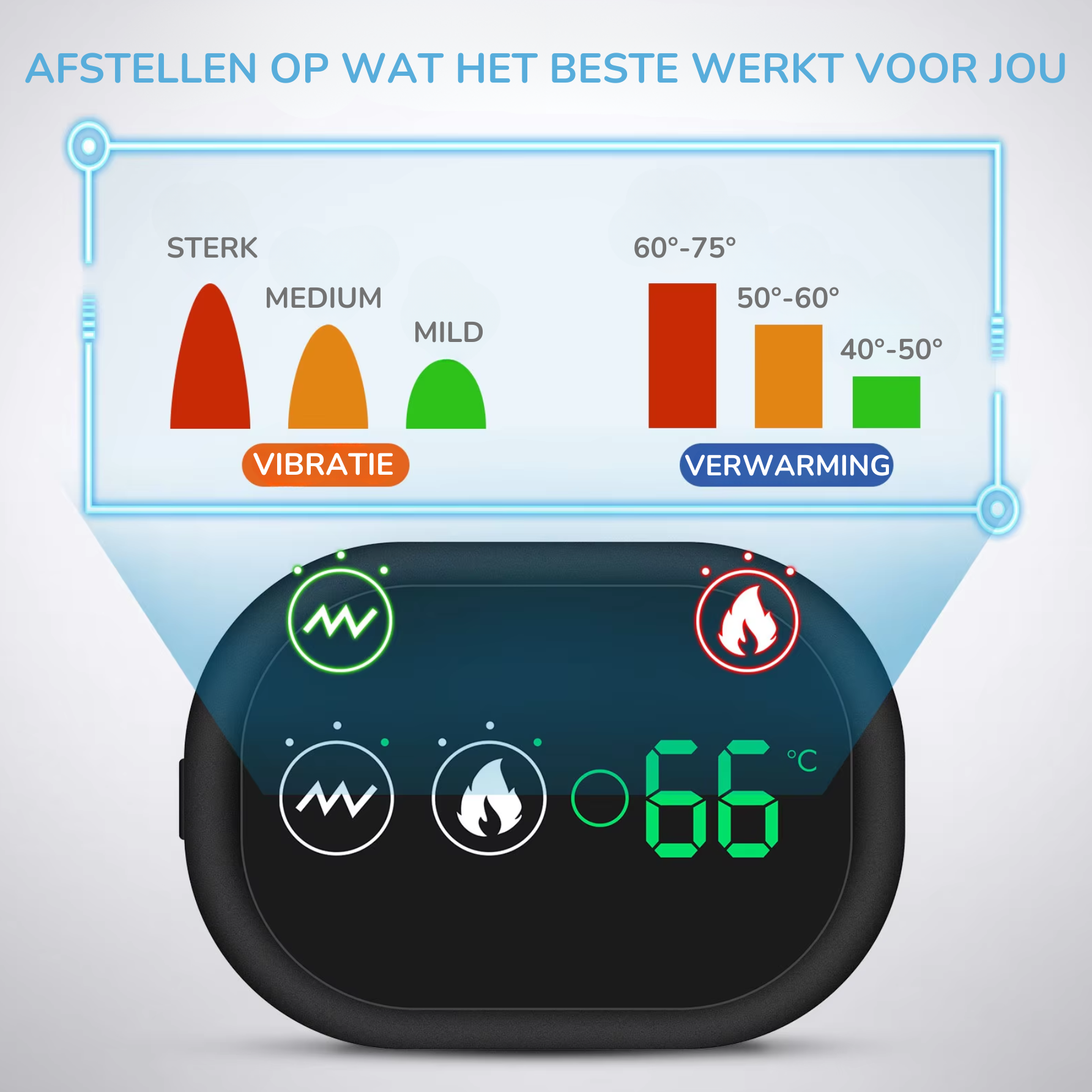 Appareil de massage noir avec écran LED affichant des options de vibration et de chauffage, réglages de température et intensité, texte en néerlandais.