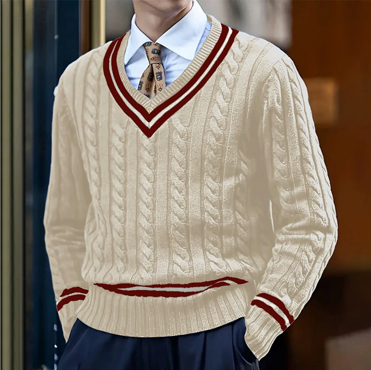 Homme portant un pull torsadé beige à col en V avec rayures rouges, chemise blanche et cravate à motifs, style élégant et classique.