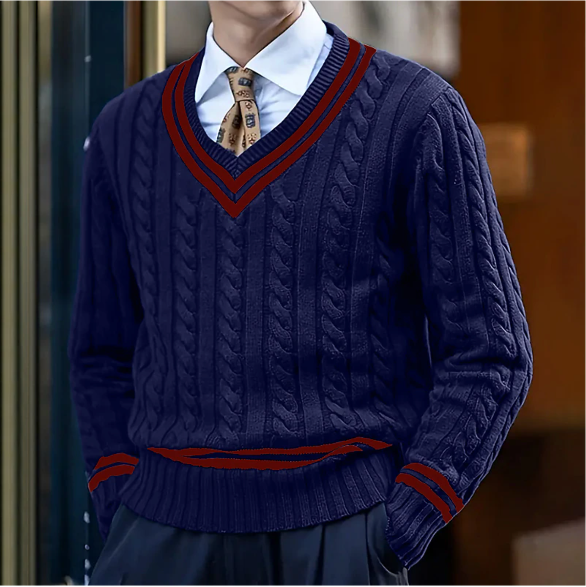 Homme portant un pull bleu marine à col en V avec motifs torsadés, chemise blanche et cravate à motifs. Mode masculine élégante et classique.