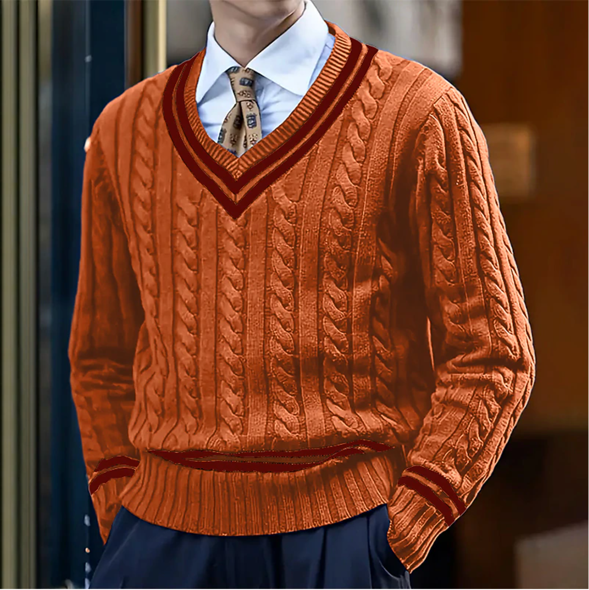 Homme portant un pull en laine torsadée orange avec col en V, chemise blanche et cravate à motifs, style élégant et automnal.