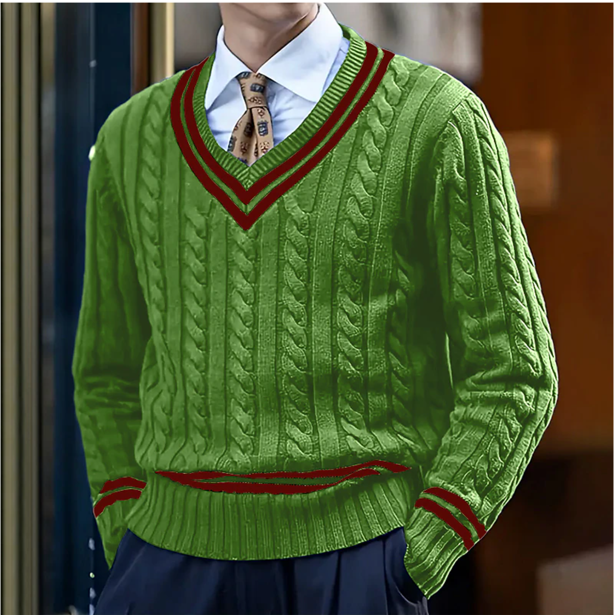 Homme portant un pull vert à col en V avec motifs torsadés, chemise blanche et cravate à motifs, style élégant et moderne.