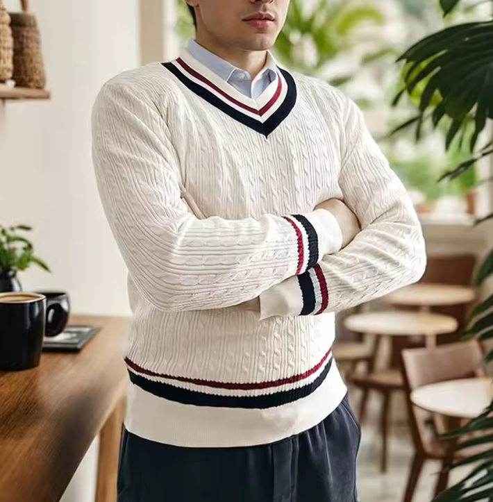 Homme portant un pull en maille blanc avec rayures rouges et bleues, bras croisés, dans un café moderne avec plantes et mobilier en bois.