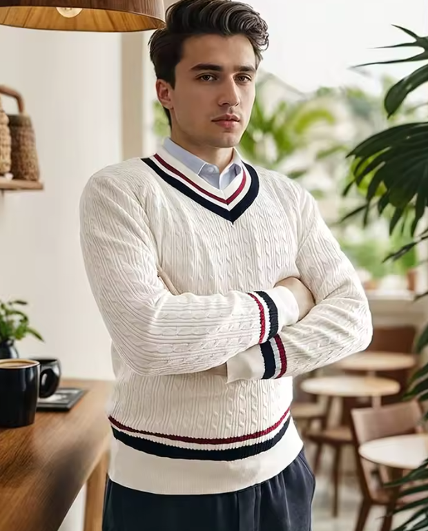 Jeune homme portant un pull en maille blanc avec rayures rouges et bleues, debout dans un café moderne, ambiance décontractée et élégante.