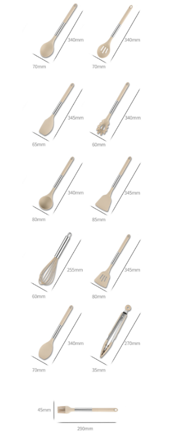 Ustensiles de cuisine en bois et acier inoxydable, comprenant cuillères, spatules, fouet, pince et pinceau, avec dimensions variées.