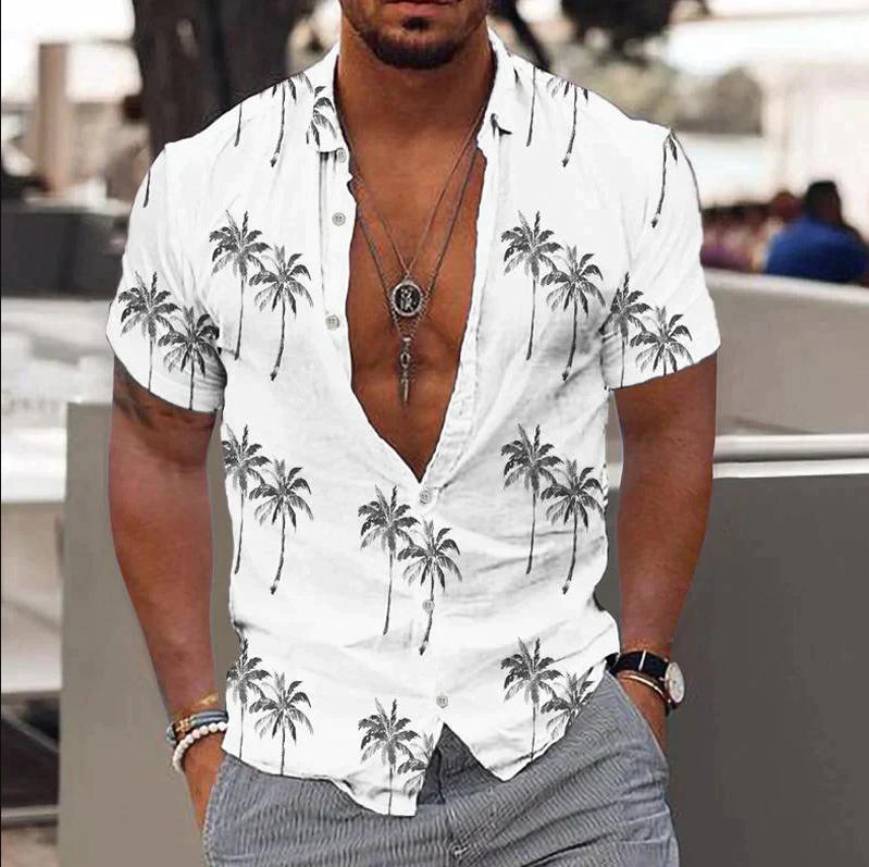 Camisa de manga corta con botones para hombre - Corte holgado - Estampado de palmeras tropicales