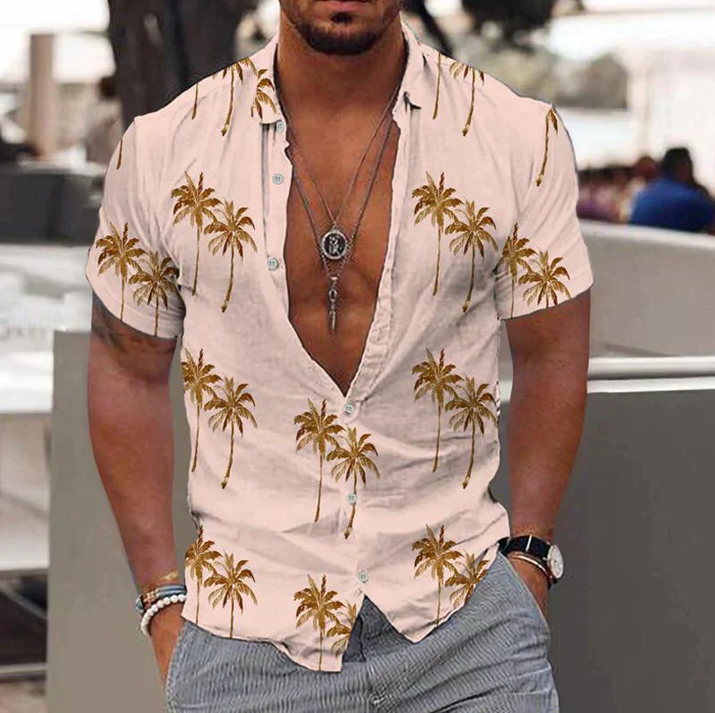 Camisa de manga corta con botones para hombre - Corte holgado - Estampado de palmeras tropicales
