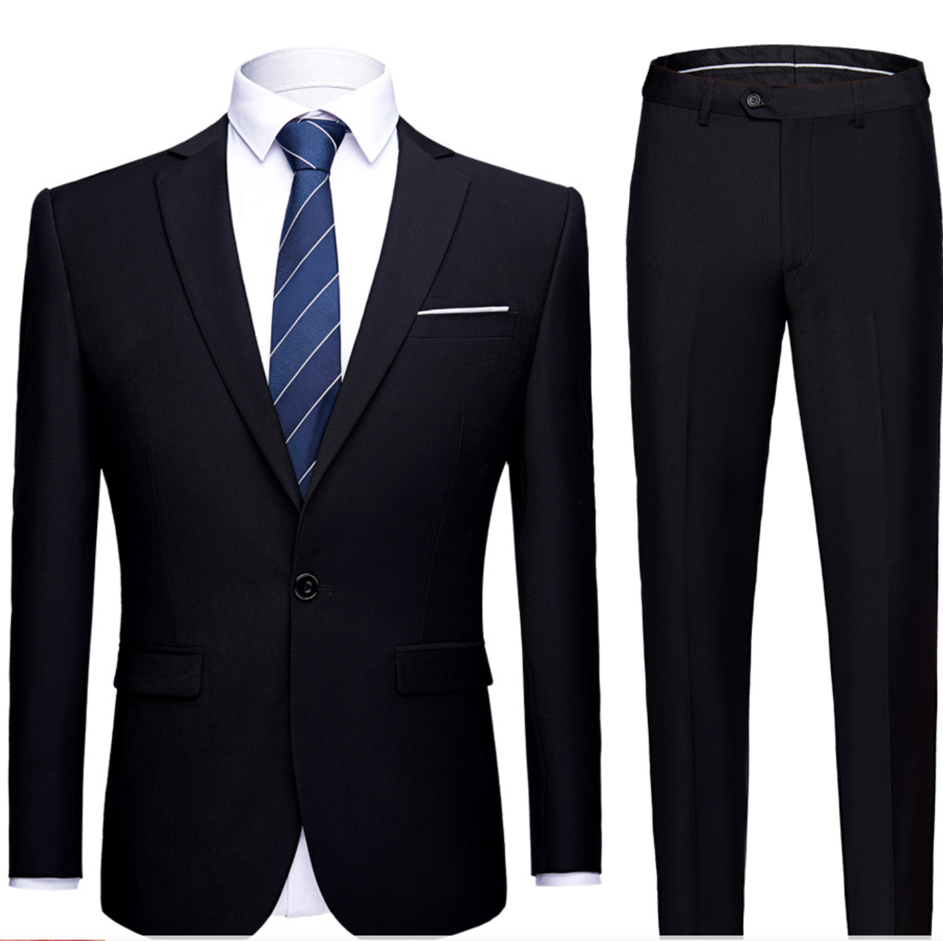 Costume homme élégant noir avec cravate rayée bleue et chemise blanche, idéal pour affaires ou événements formels. Mode masculine chic.