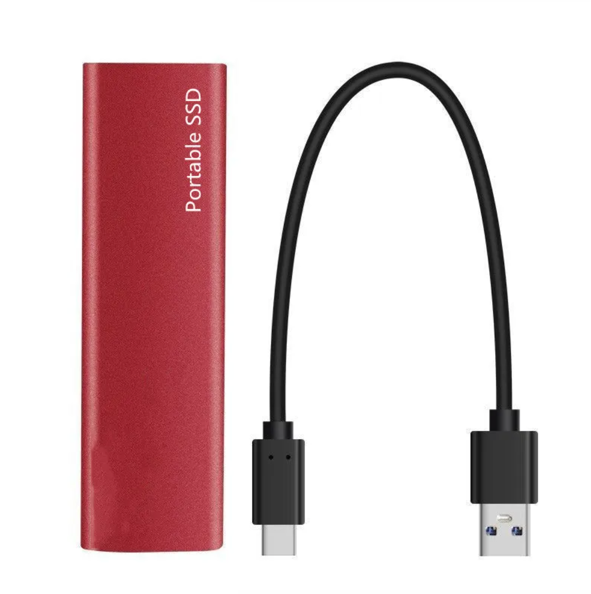 SSD portable rouge avec câble USB-C noir, stockage externe compact et rapide, idéal pour sauvegarde de données et transfert rapide de fichiers.