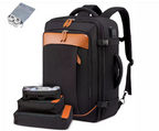 Sac à dos de voyage noir avec accents marron, compartiments multiples, et accessoires de rangement. Idéal pour bagage cabine et organisation efficace.