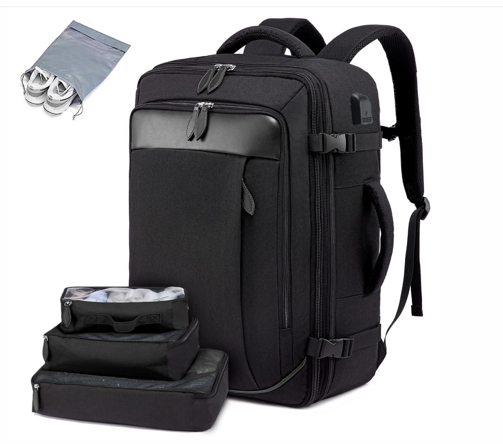 Sac à dos de voyage noir multifonctionnel avec compartiments, pochettes de rangement et housse à chaussures. Idéal pour bagage cabine et organisation.