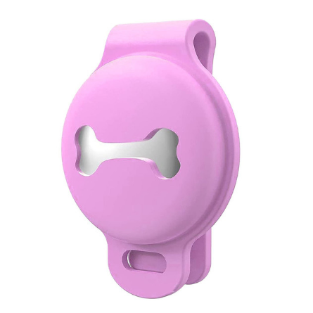 Étui rose pour AirTag en silicone, design os, accessoire de localisation pour animaux, protection antichoc, compatible Apple, pratique et durable.