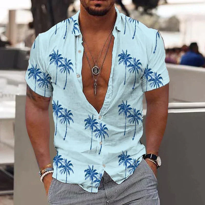 Camisa de manga corta con botones para hombre - Corte holgado - Estampado de palmeras tropicales